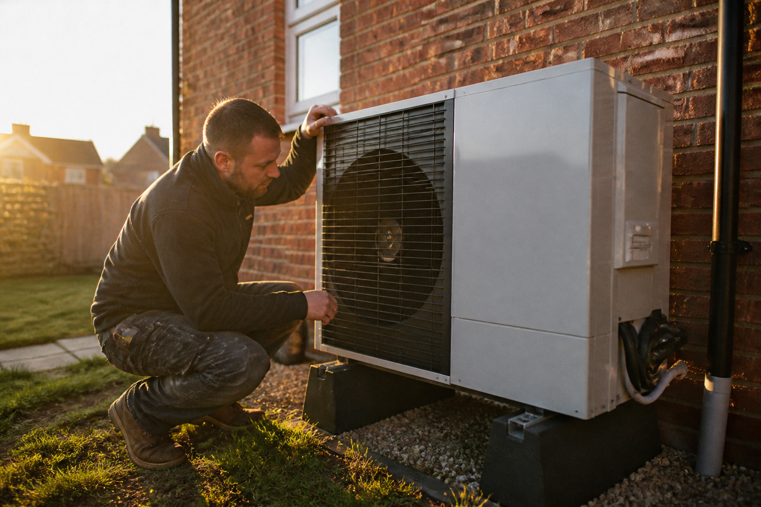 Technician checking a heat pump unit outside a house.
