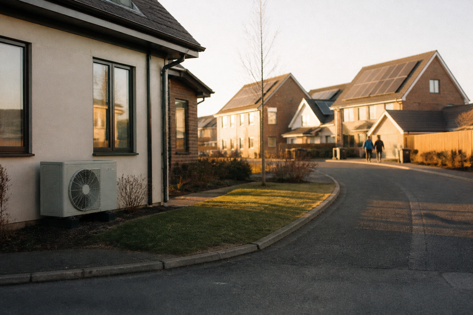 A street scene showing residential homes with energy efficient technology installed.