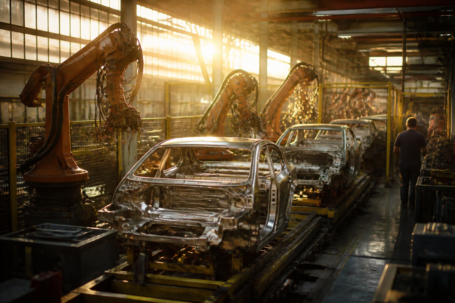 Industrial setting of an automated car assembly line.