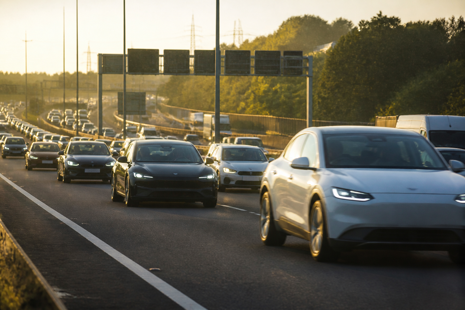 A bustling UK motorway showcasing diverse electric vehicles in transit.