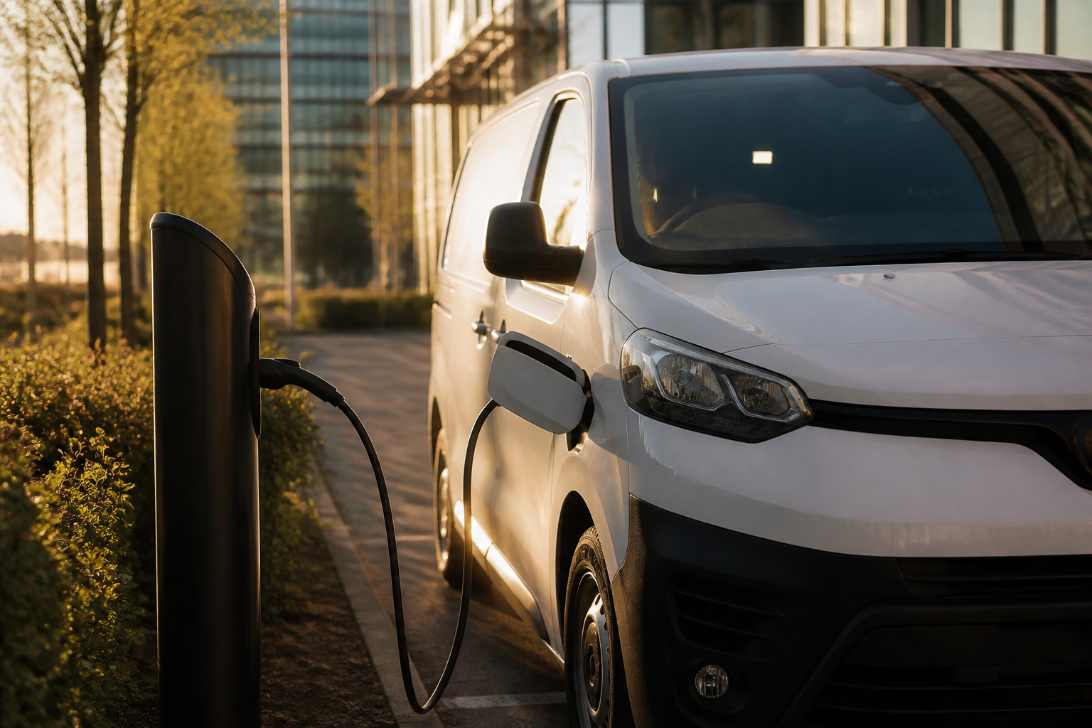 Electric delivery van connected to a charging station in a UK business park.