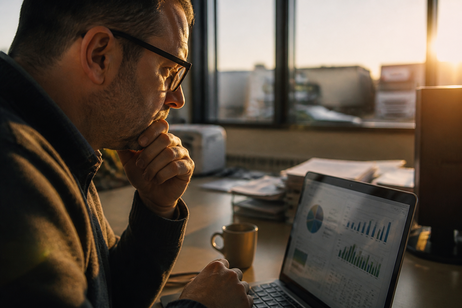Fleet manager looking at financial data on a screen.