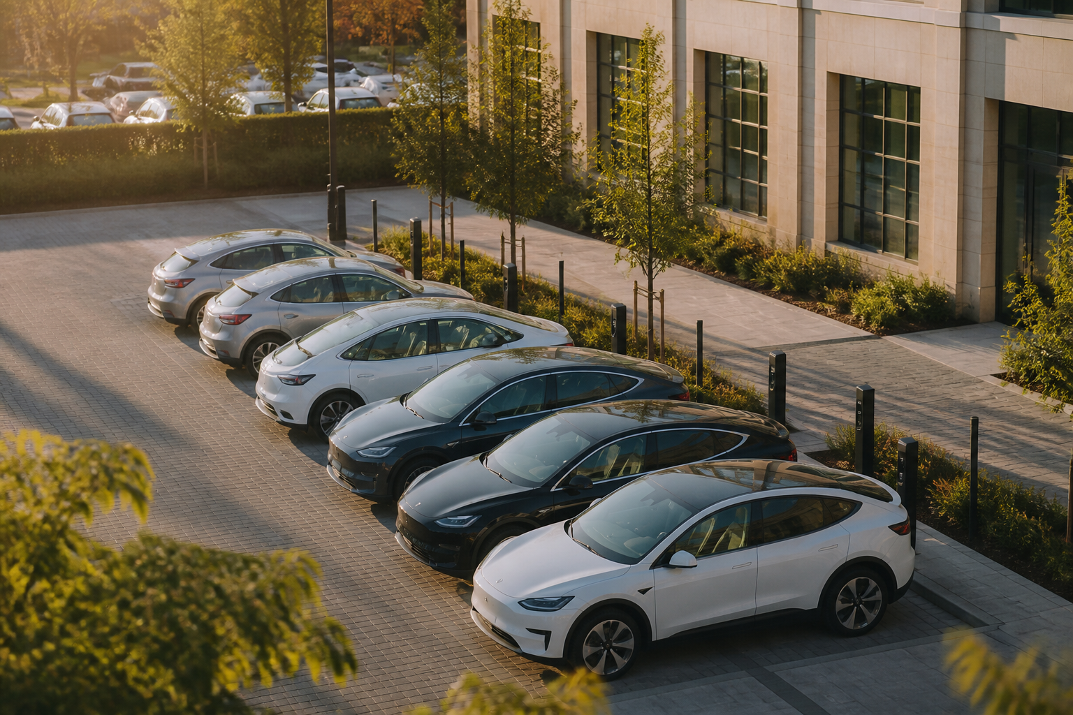 A line of electric vehicles parked in a UK business setting.