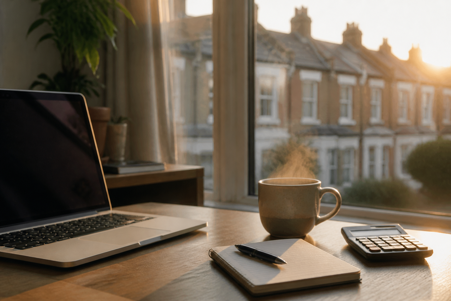 A tidy home office setup featuring a calculator and laptop, representing personal financial planning.