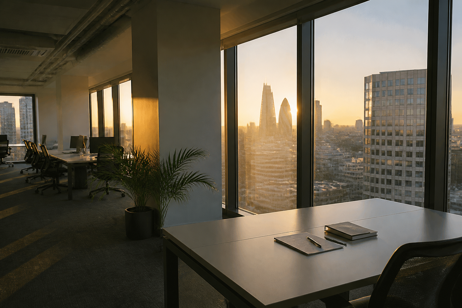 A modern, professional office space during the day.