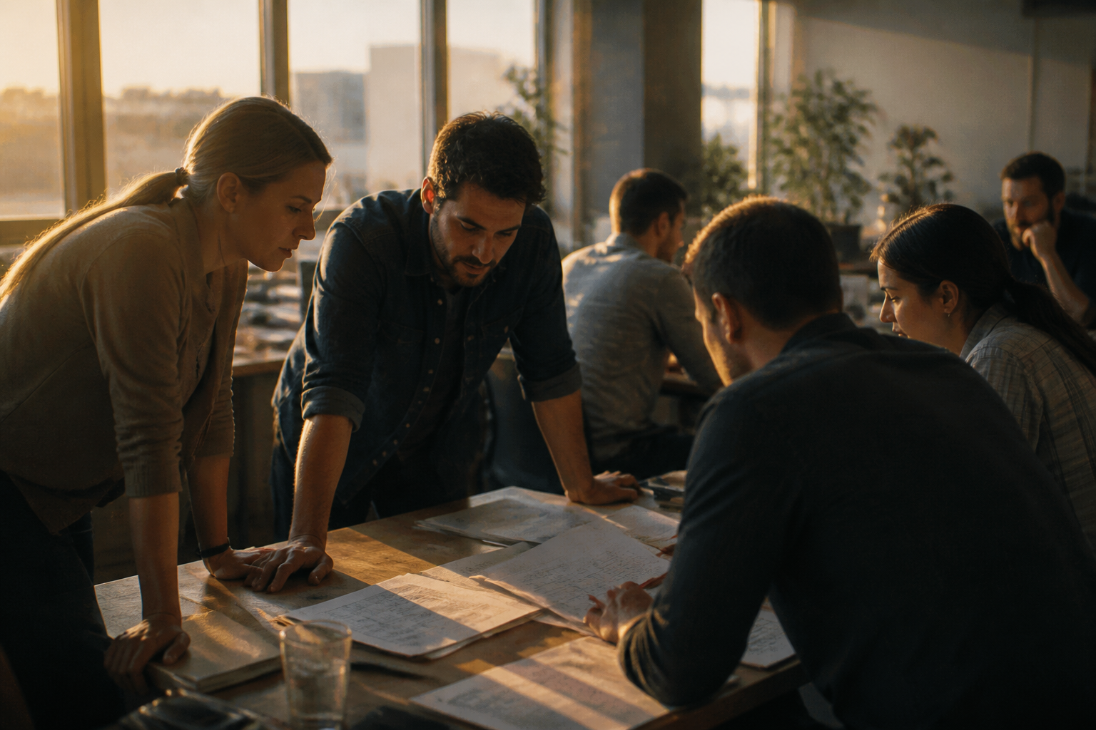 Professional team working together in a modern meeting room.