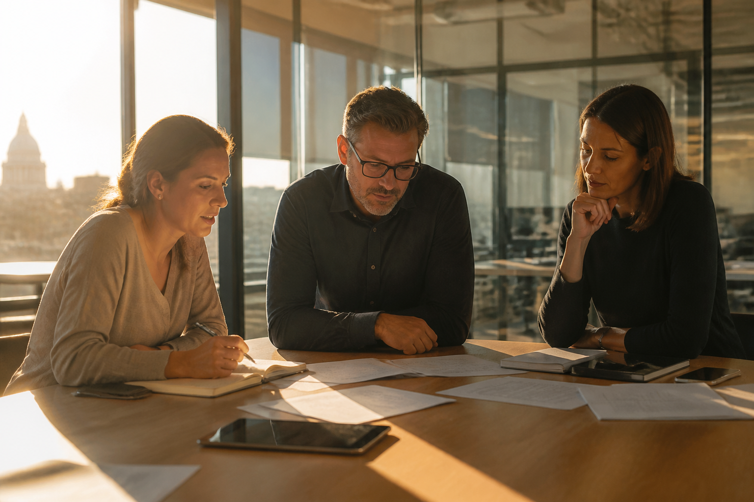 HR professionals reviewing business documentation in a light-filled office.