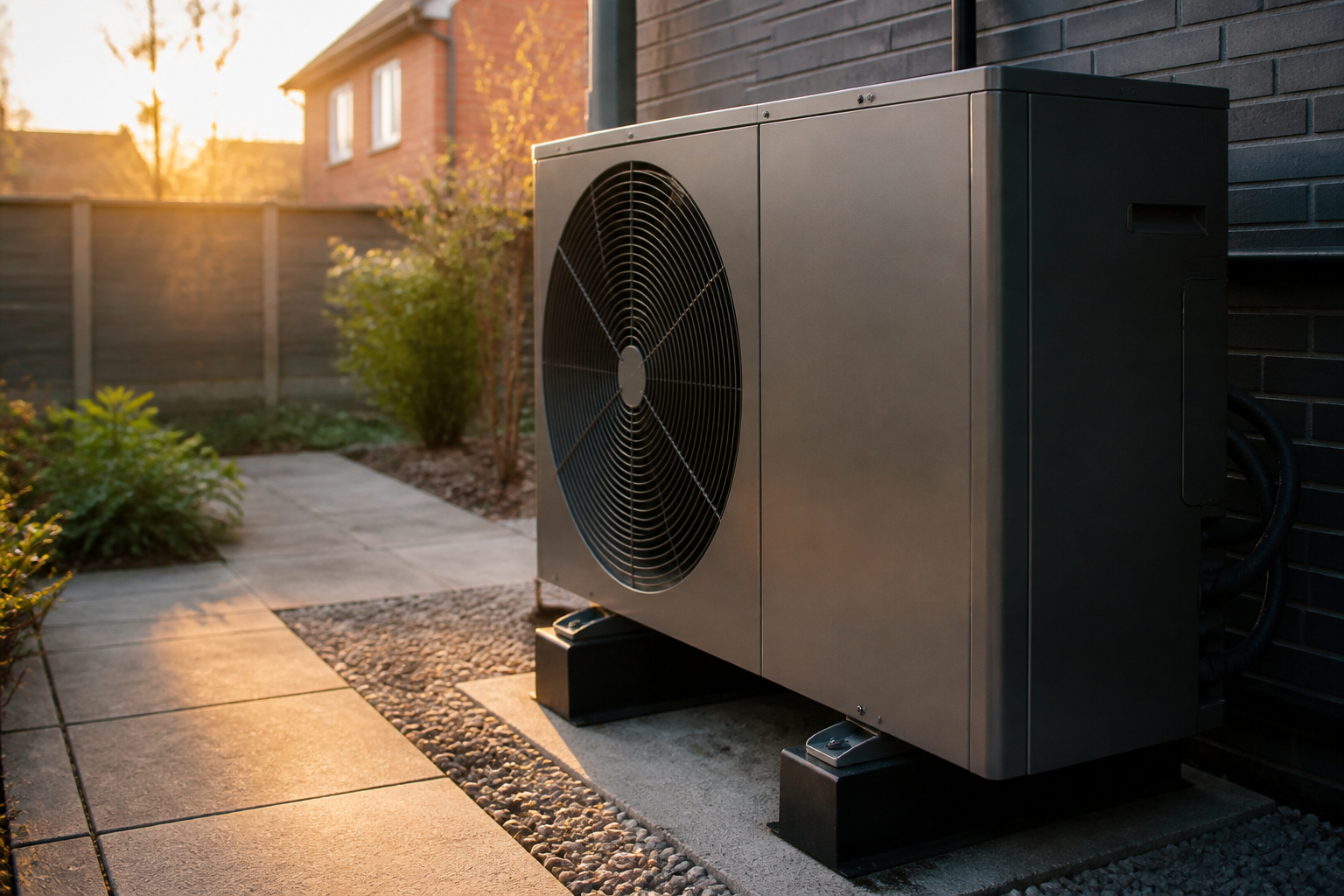 A modern, white air source heat pump unit standing against a brick wall in a tidy residential garden.