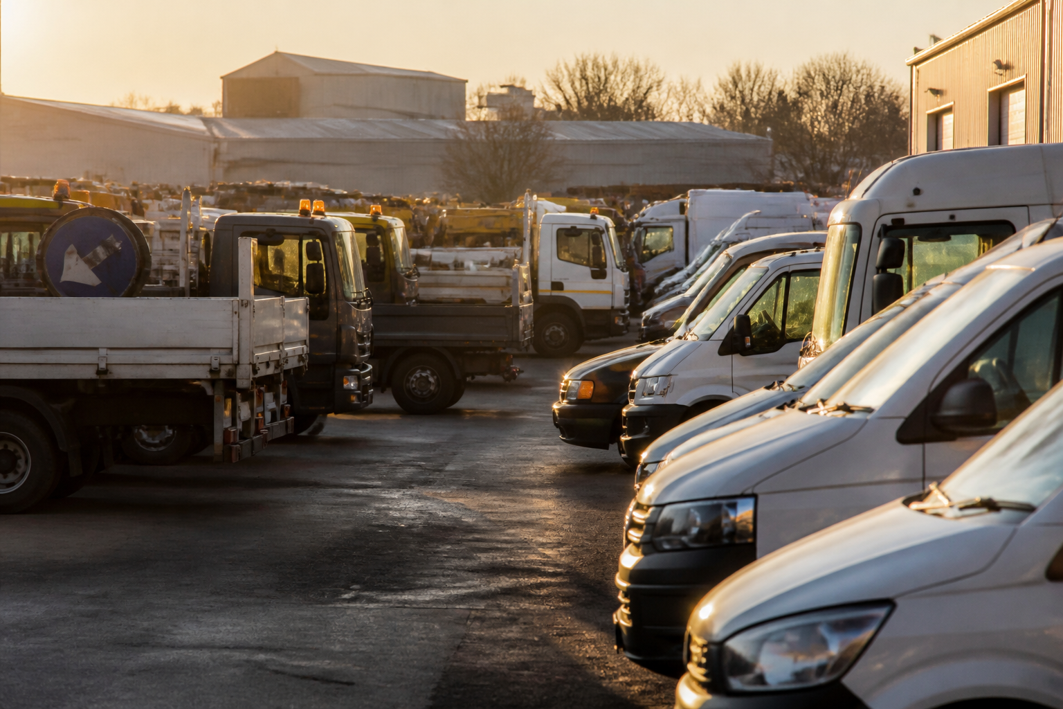 Wide shot of a vehicle fleet in a UK industrial estate.