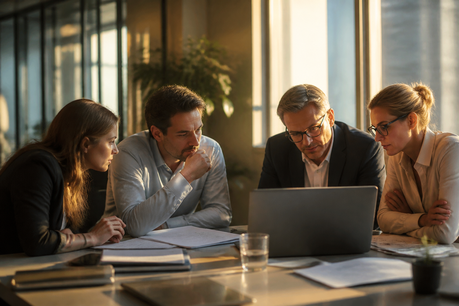 Finance team in a modern office looking at documents.