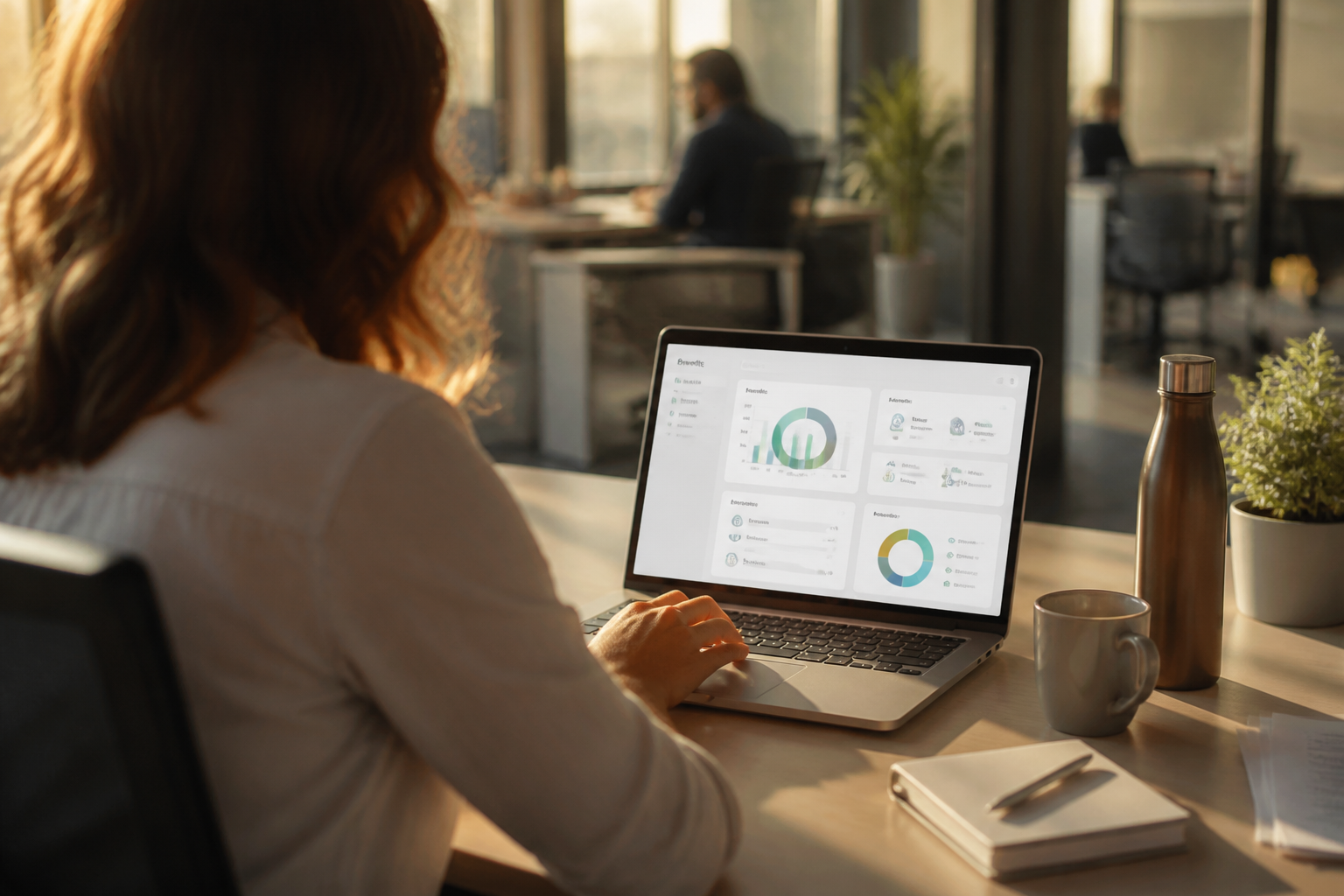 A close up of a laptop screen in a modern office showing a benefits dashboard.