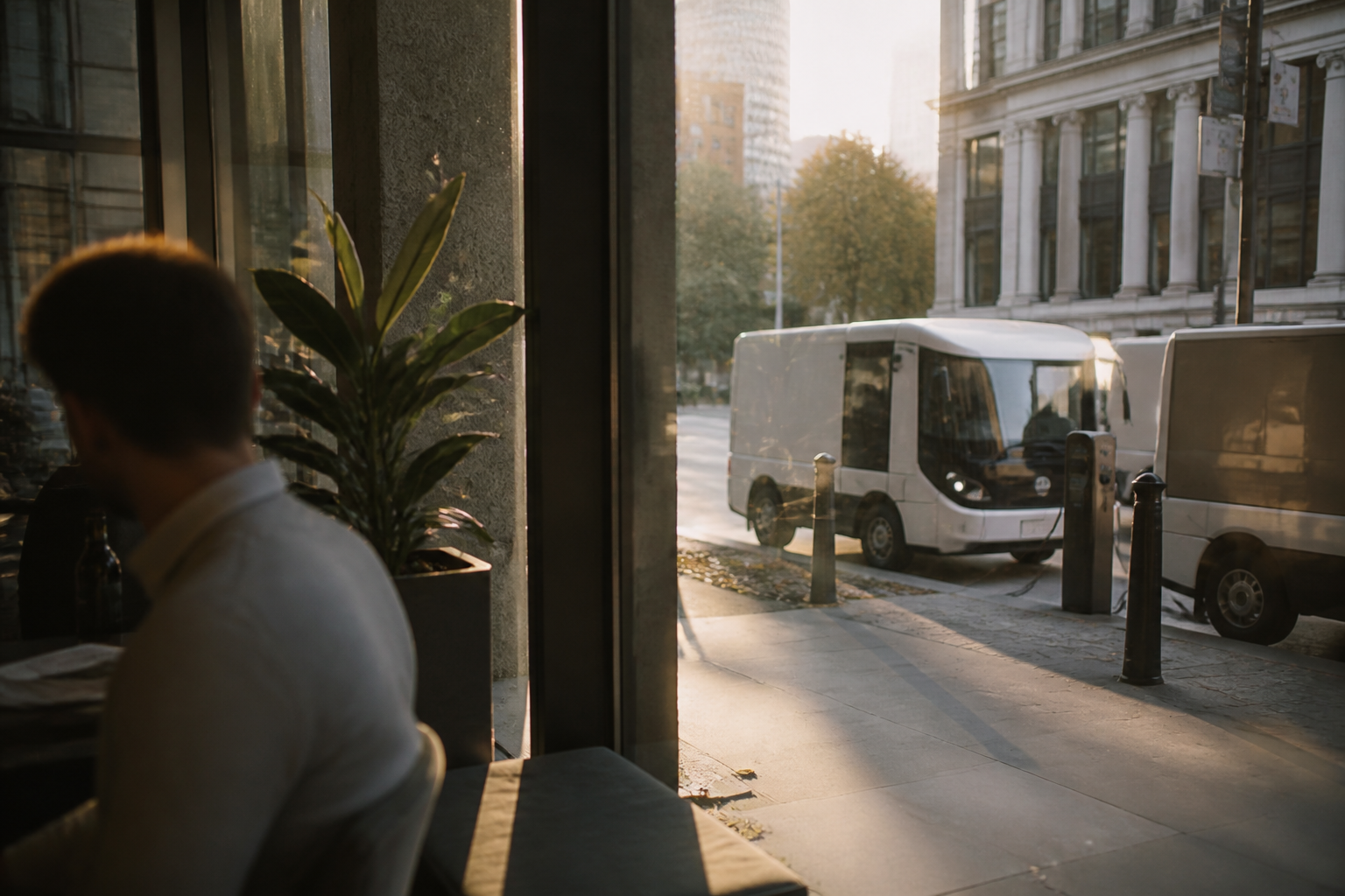 A view from an office window looking out at a city street with electric vehicles parked by a charging point.