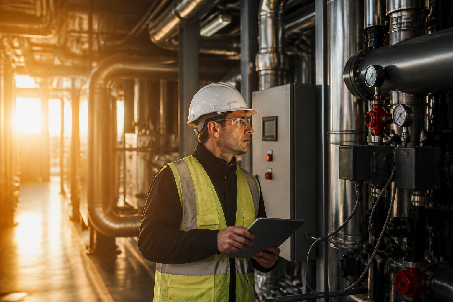 Engineer checking boiler system during site audit.