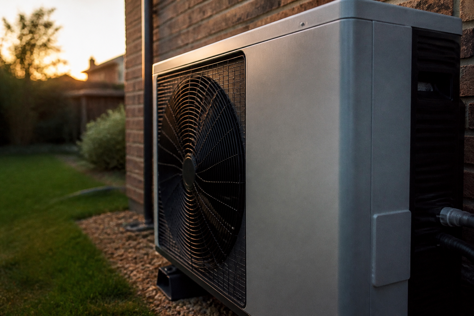 An external heat pump unit installed in a suburban UK garden.