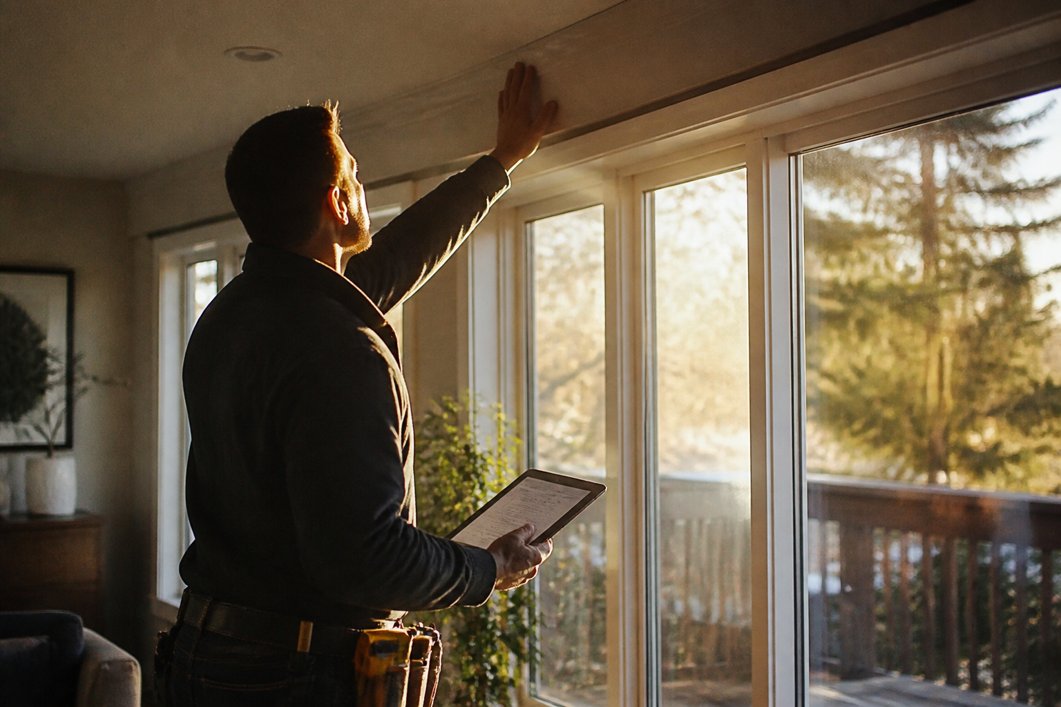 A technician checking radiators during a home survey.