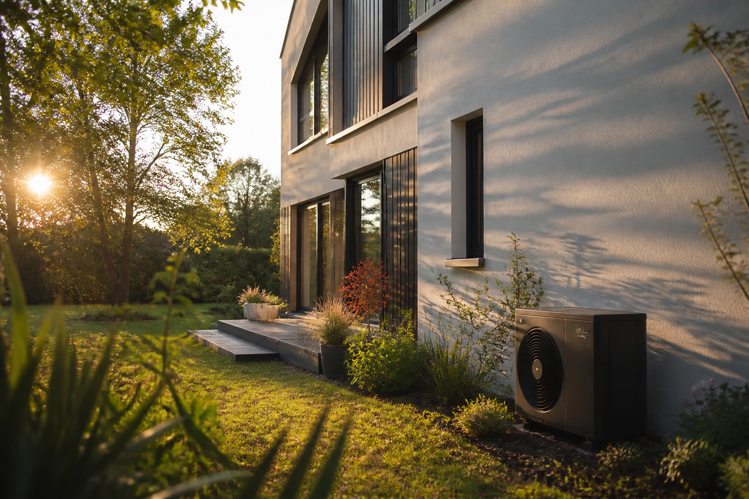 A detached house in the UK with a heat pump installed in the side garden.