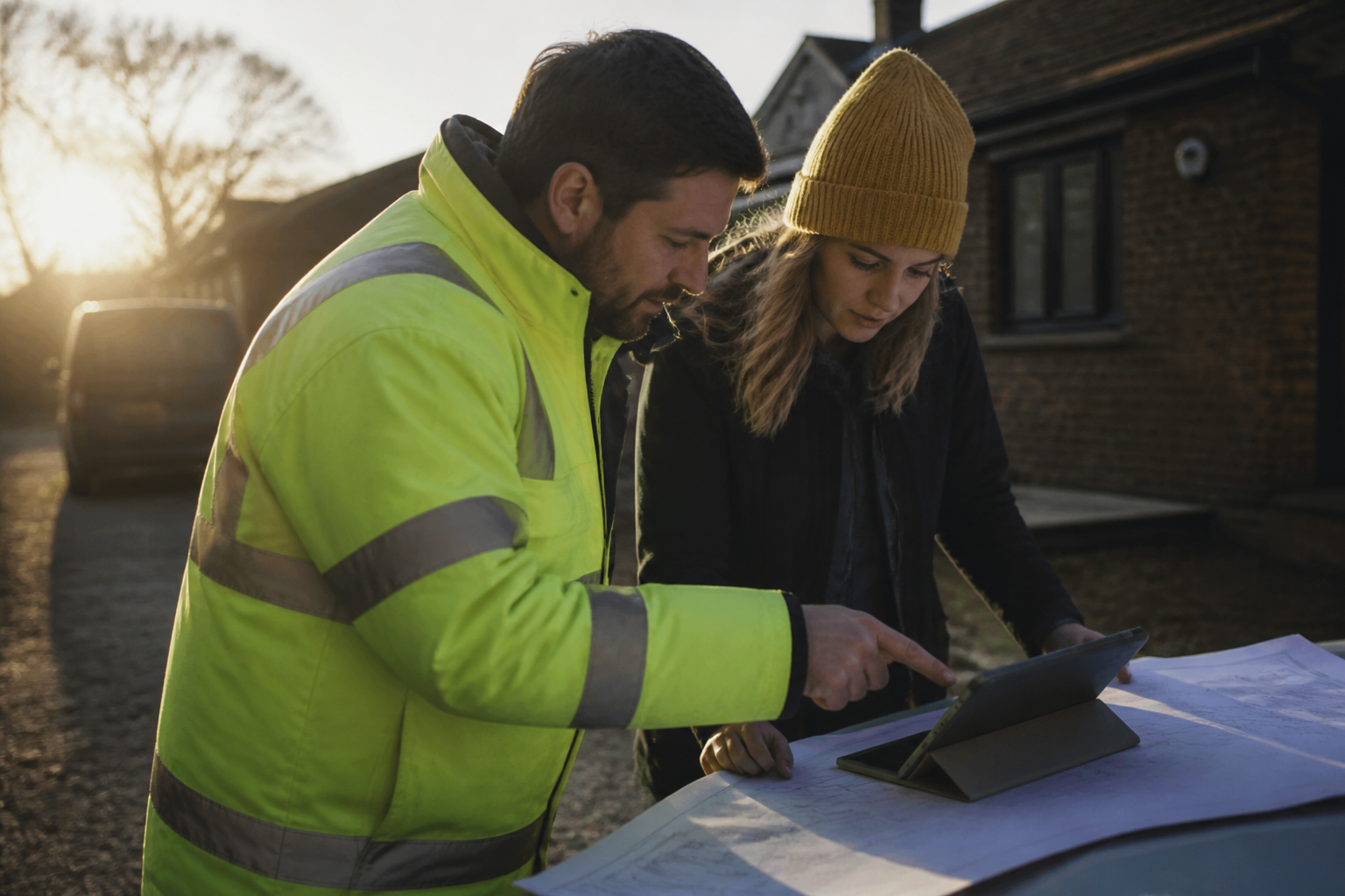 An installer discussing technical details with a homeowner at a residential property.
