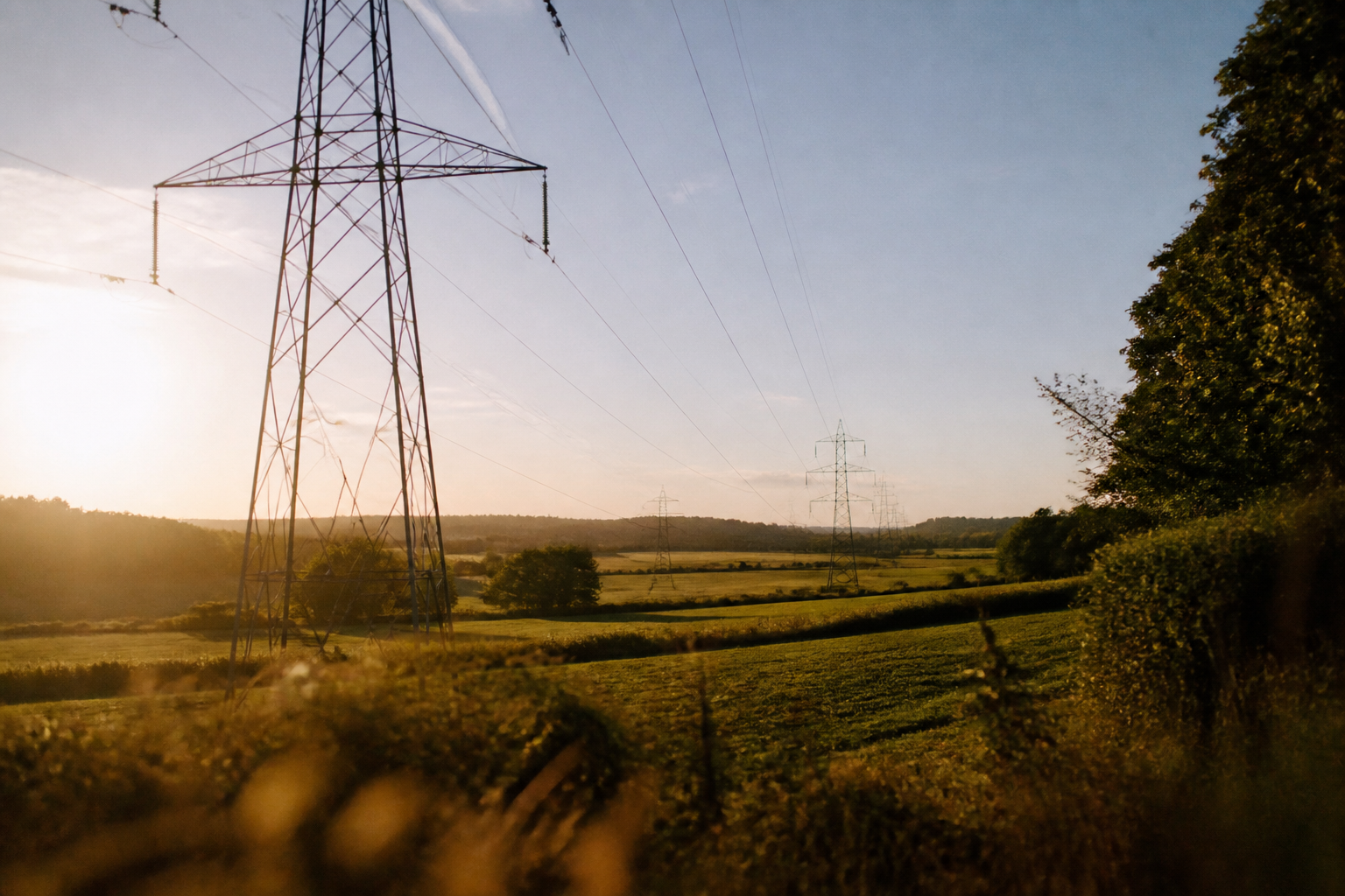 Large electricity transmission pylons in a rural landscape.