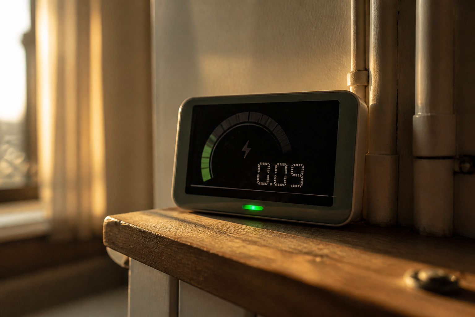 Smart meter screen showing energy usage data in a house.