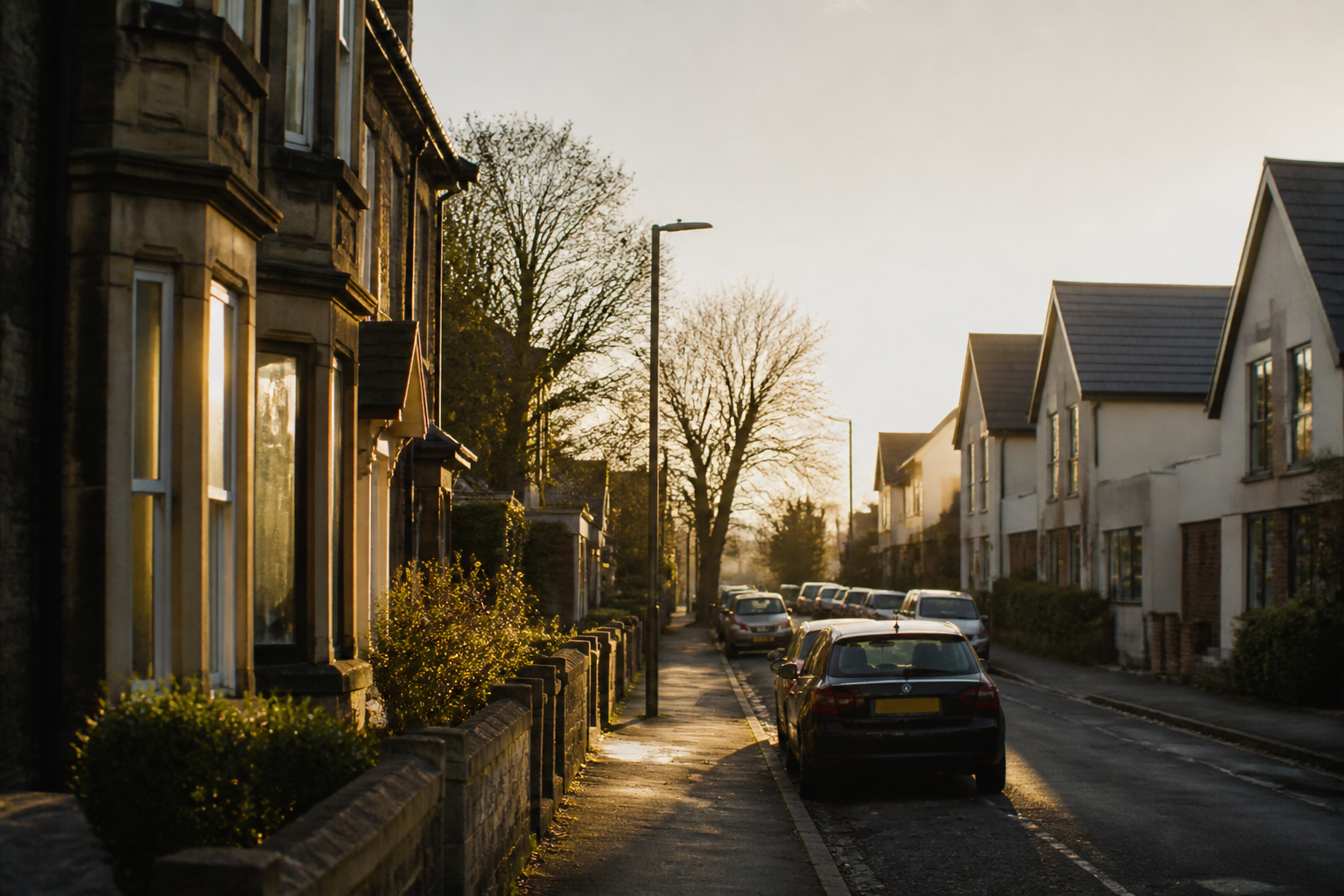 A typical quiet UK residential street scene.