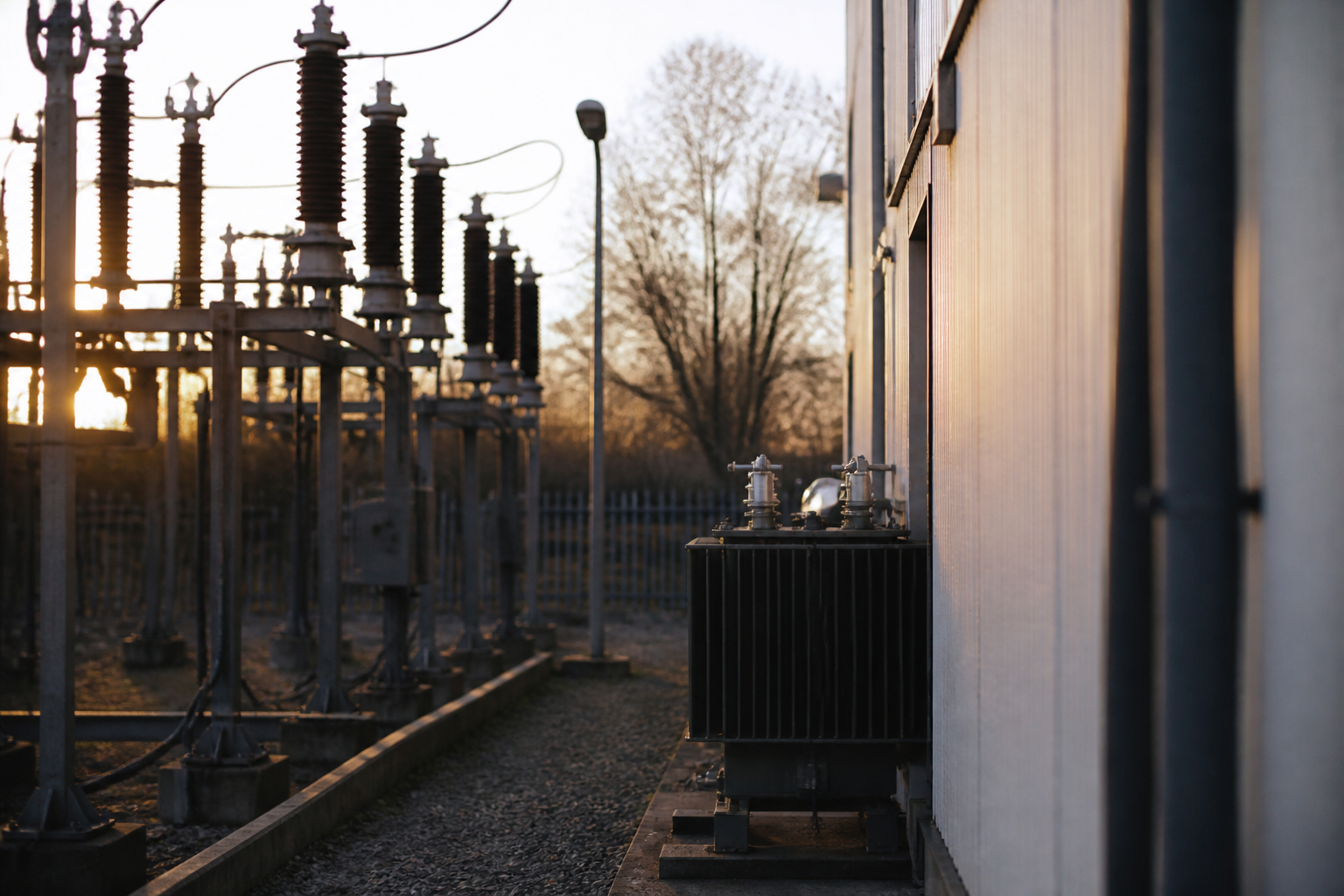 A modern electrical substation located next to a warehouse building.