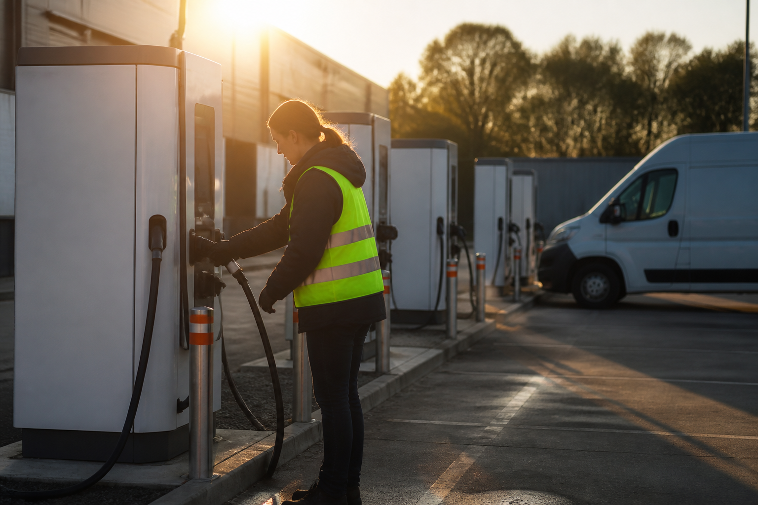 A view of an electric vehicle charging depot featuring rows of charging points.