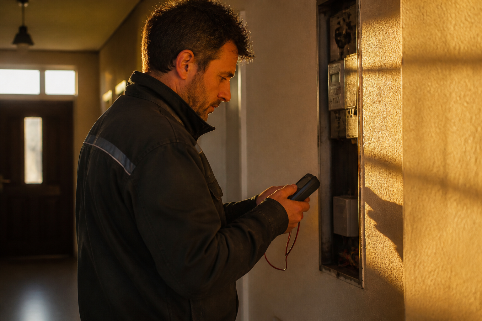 A close up view of a professional technician measuring electrical connection points.
