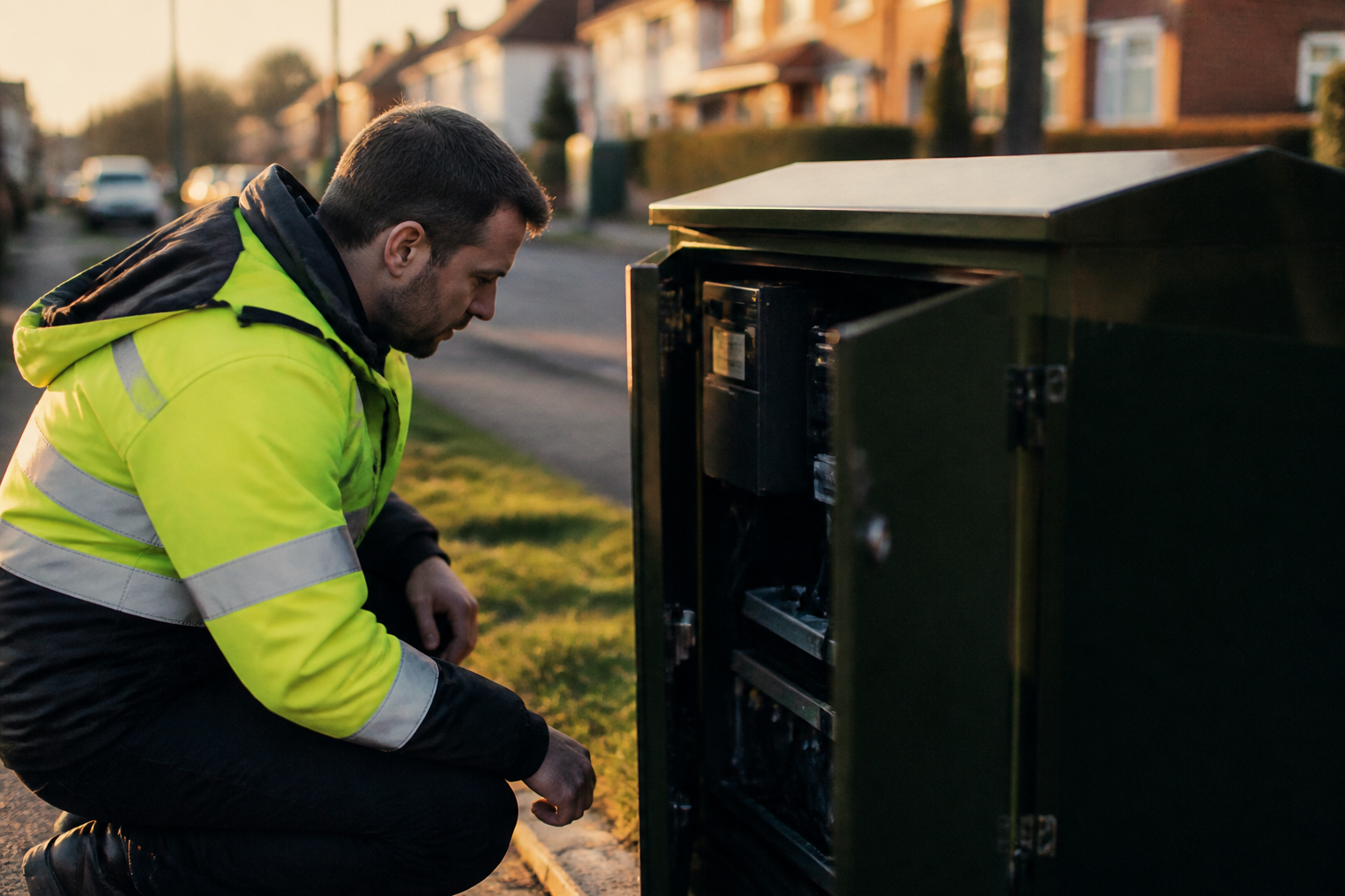 An engineer inspecting modern electrical grid infrastructure on a quiet suburban street.