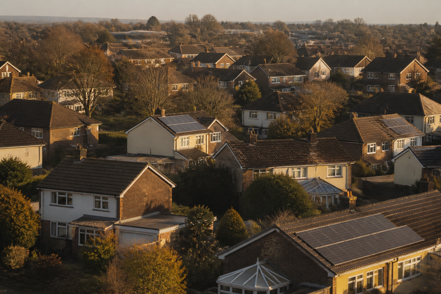 A high-angle view of houses with solar panels, illustrating domestic energy generation.