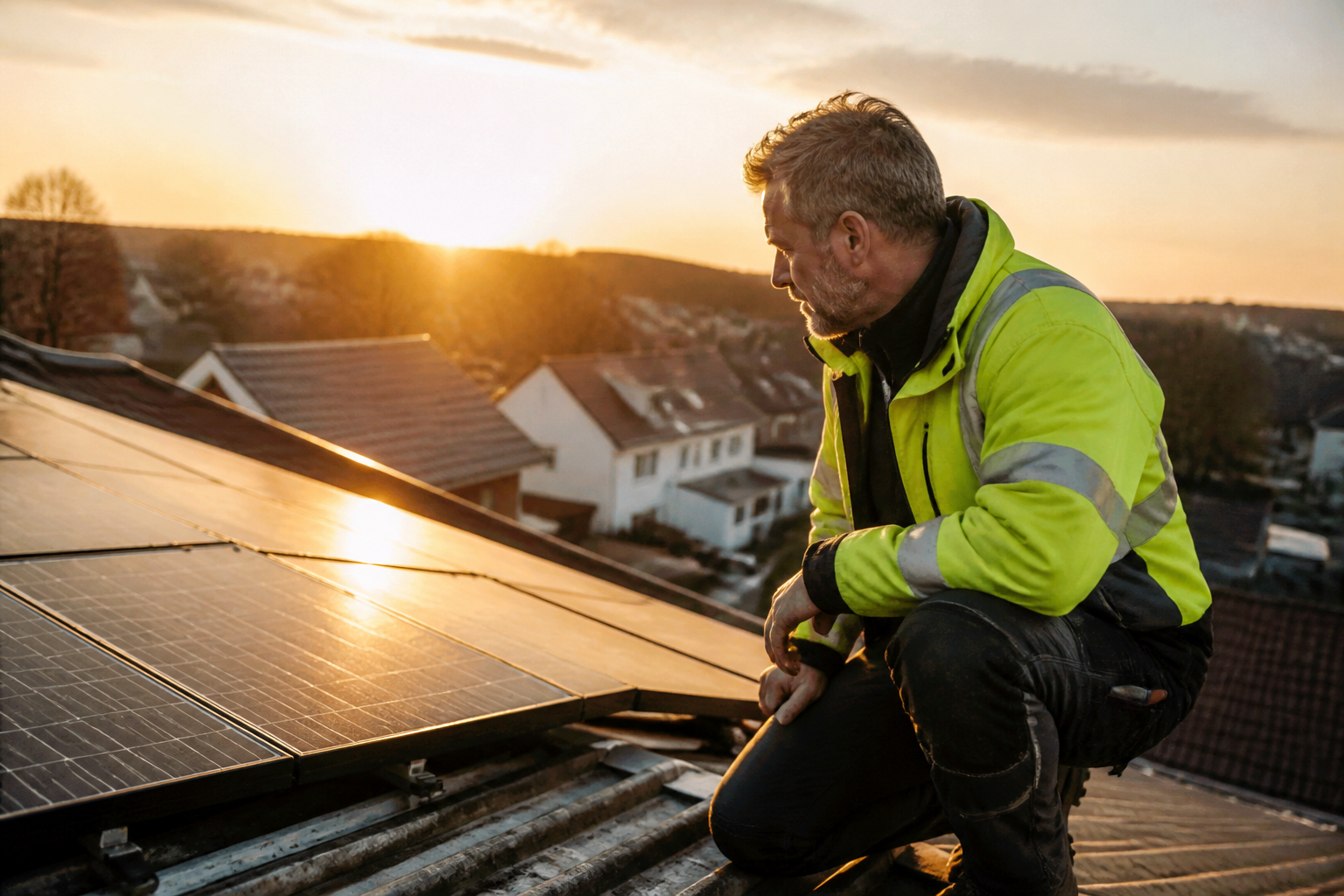 An installer checking a solar array on a typical British semi-detached house roof.