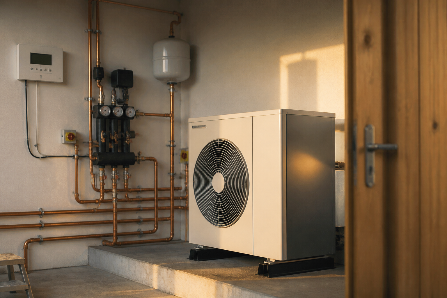 Interior shot of a residential heat pump installation showing organised pipework and control panel.
