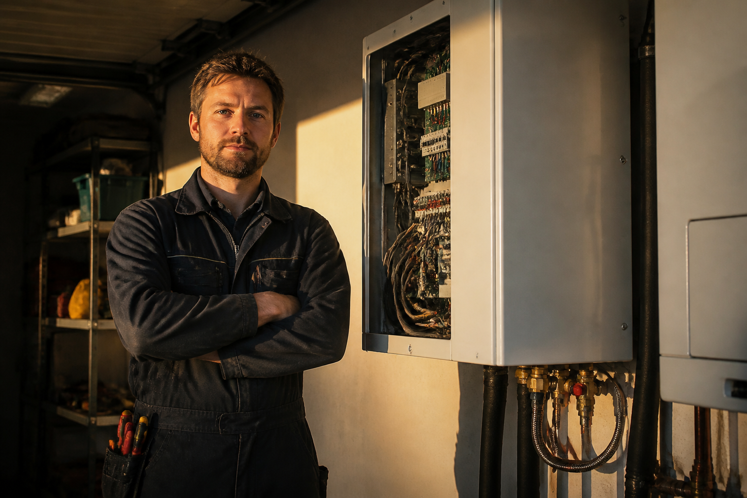 A qualified tradesperson working on home energy management equipment in a garage.