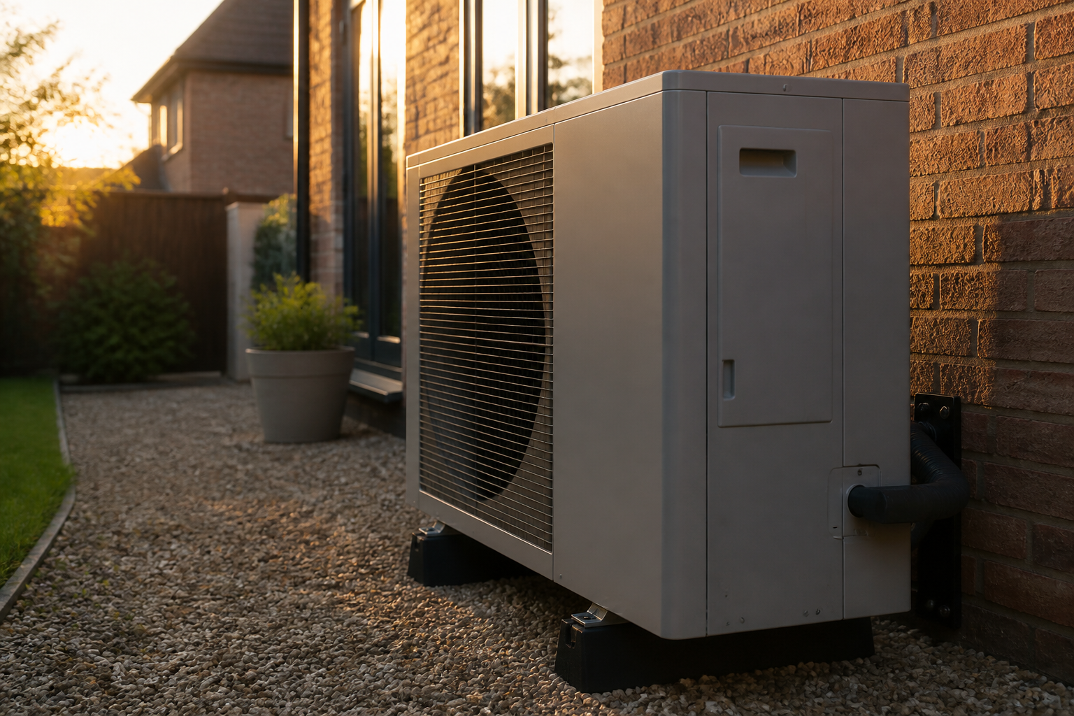 An external air source heat pump unit sitting outside a brick house.