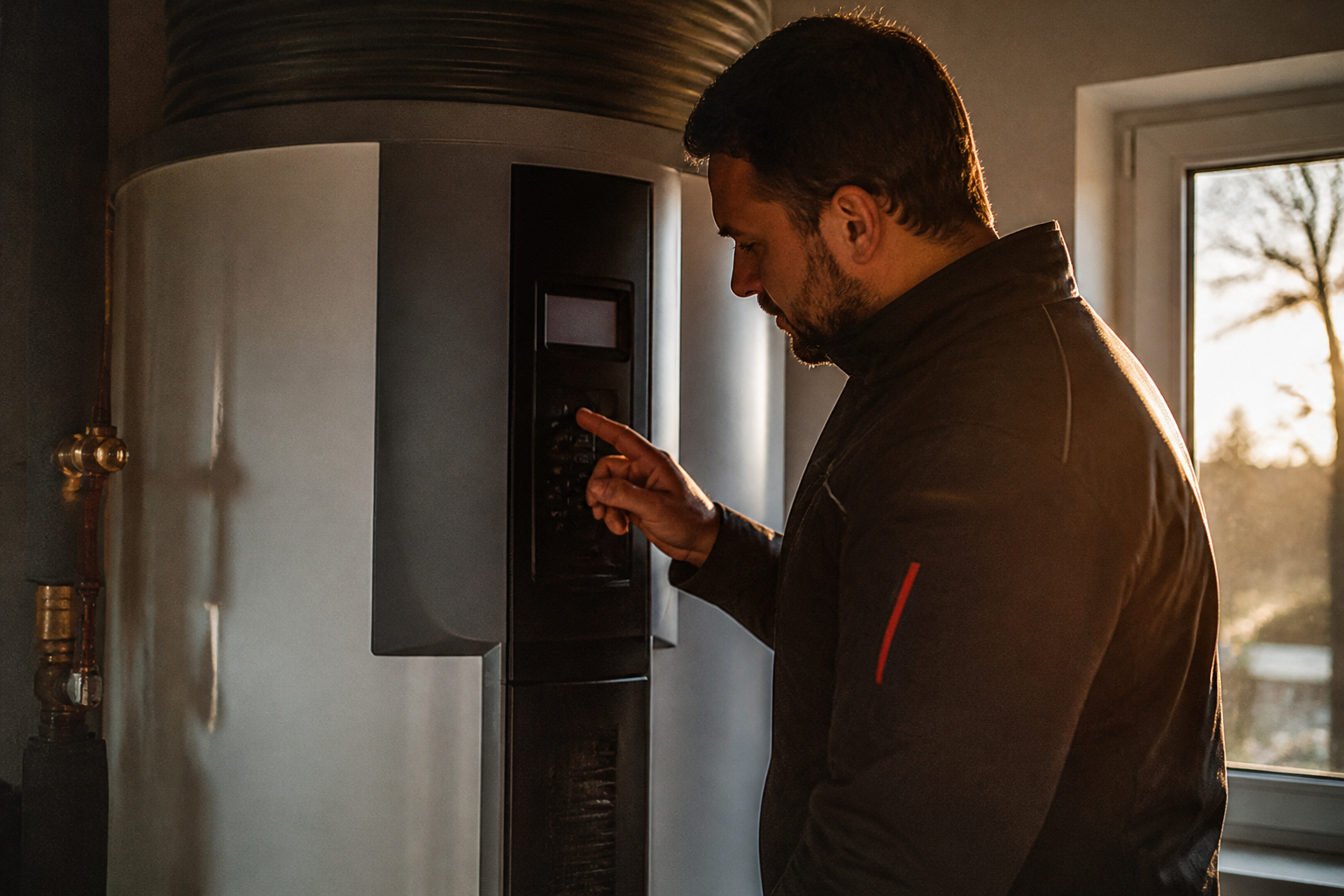 An engineer adjusting the settings on an indoor heat pump cylinder.