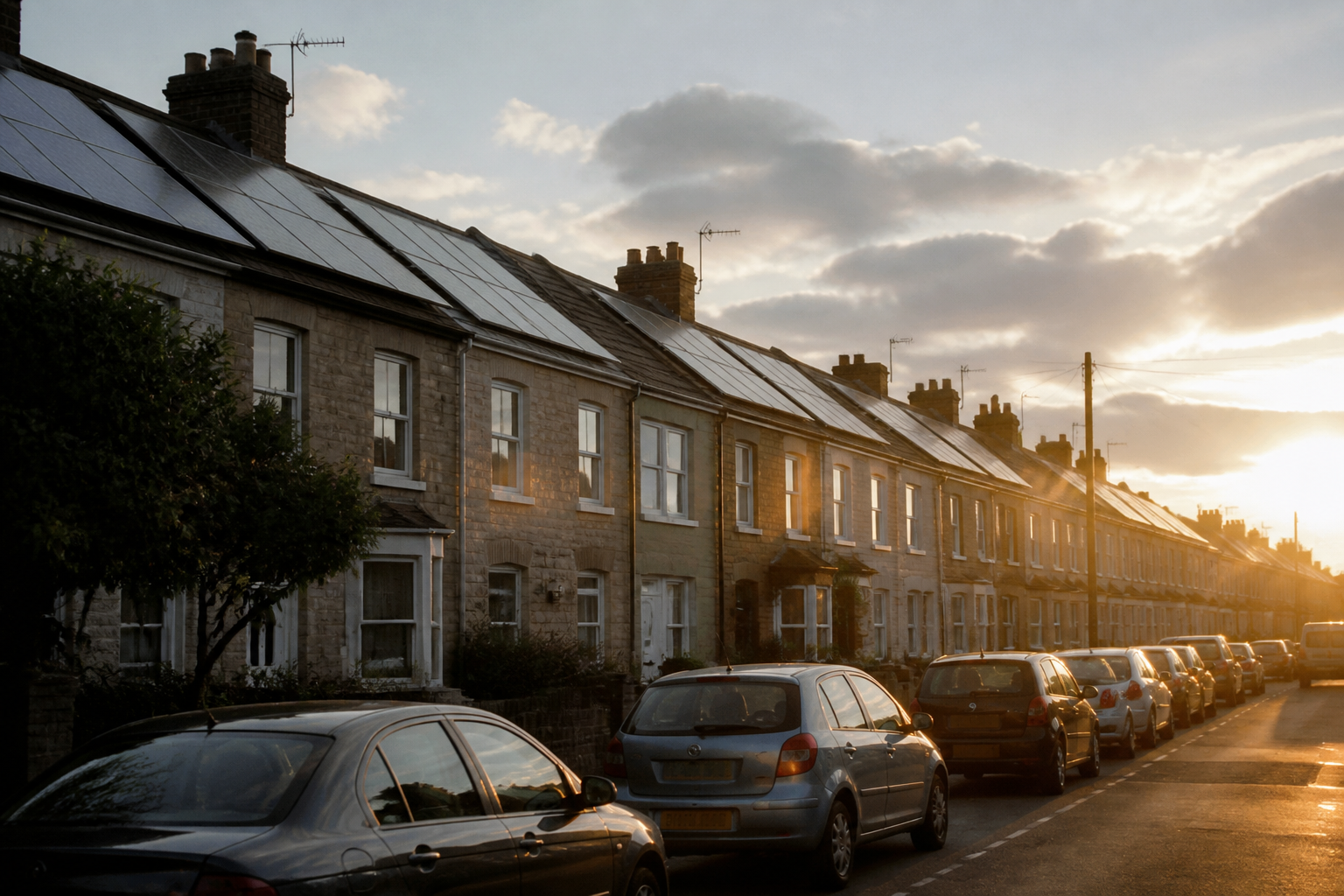 Terraced houses with modern solar panel installations in a suburban street.