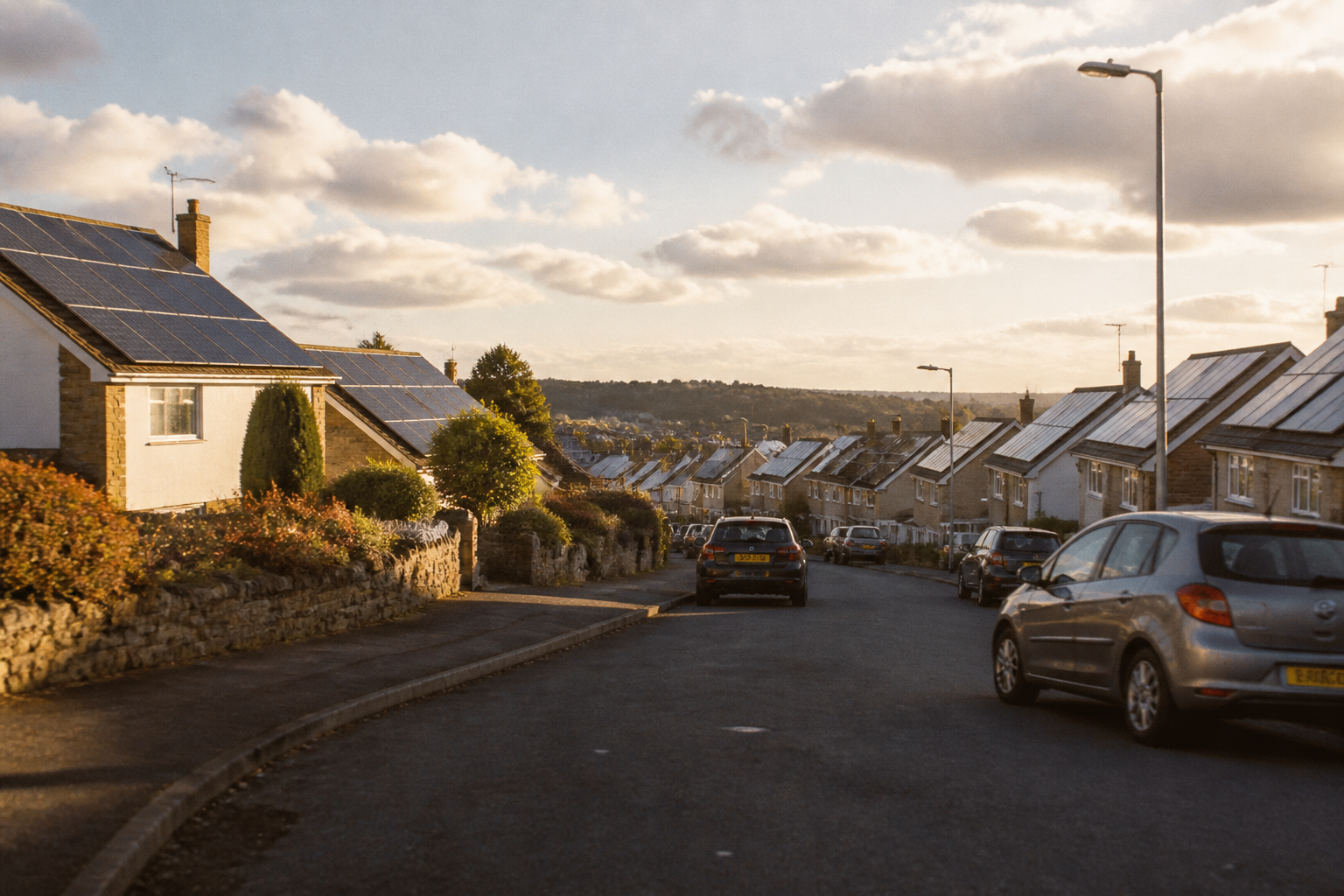 A UK suburban street showing multiple houses with roof-mounted solar panels.