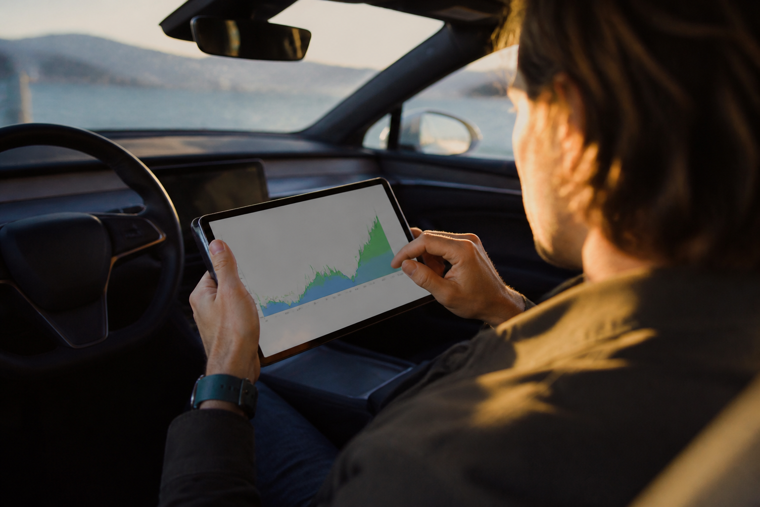 Professional reviewing car finance options on a tablet in a car interior.