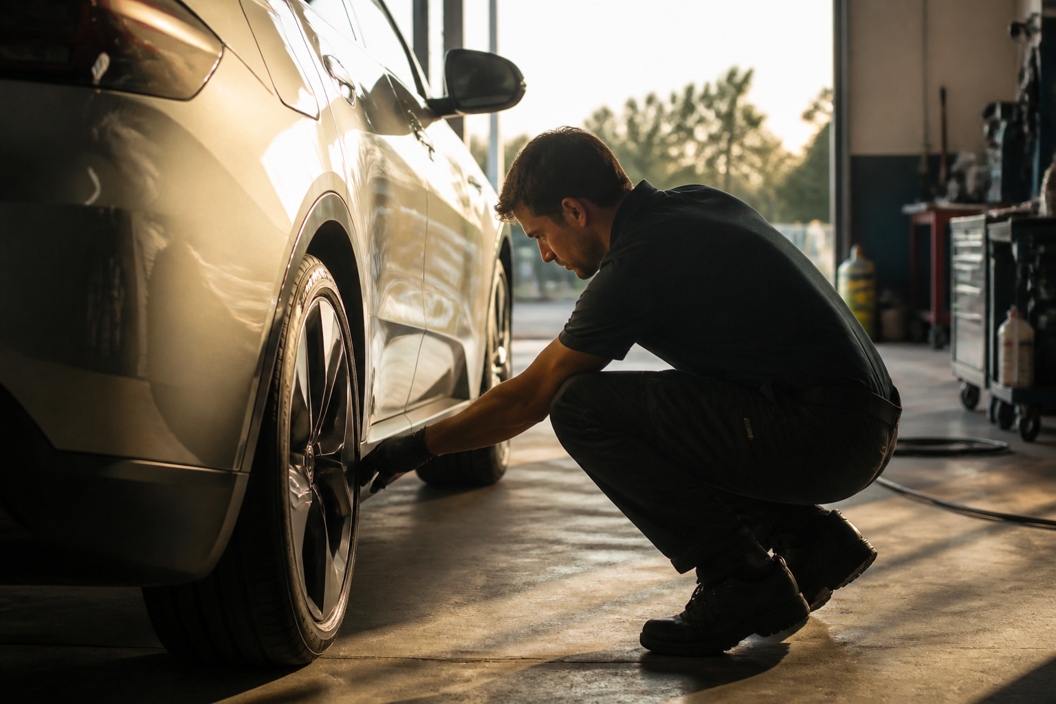 Electric car undergoing routine maintenance check in a garage.