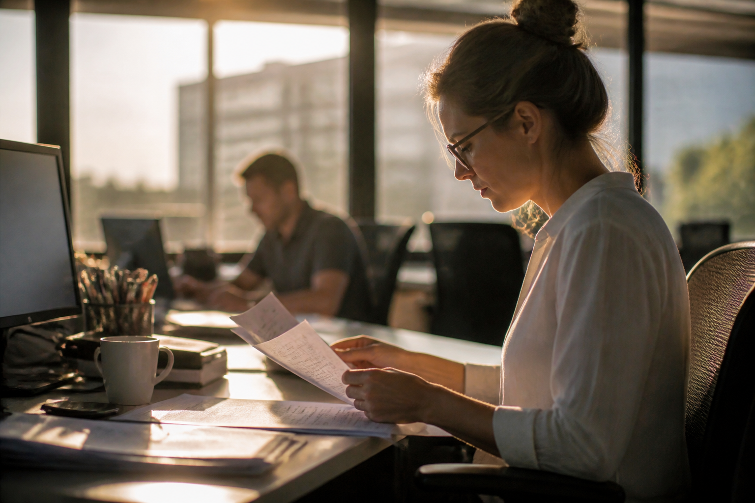 A clean, modern office desk with a laptop and organized paperwork reflecting a professional administrative environment.