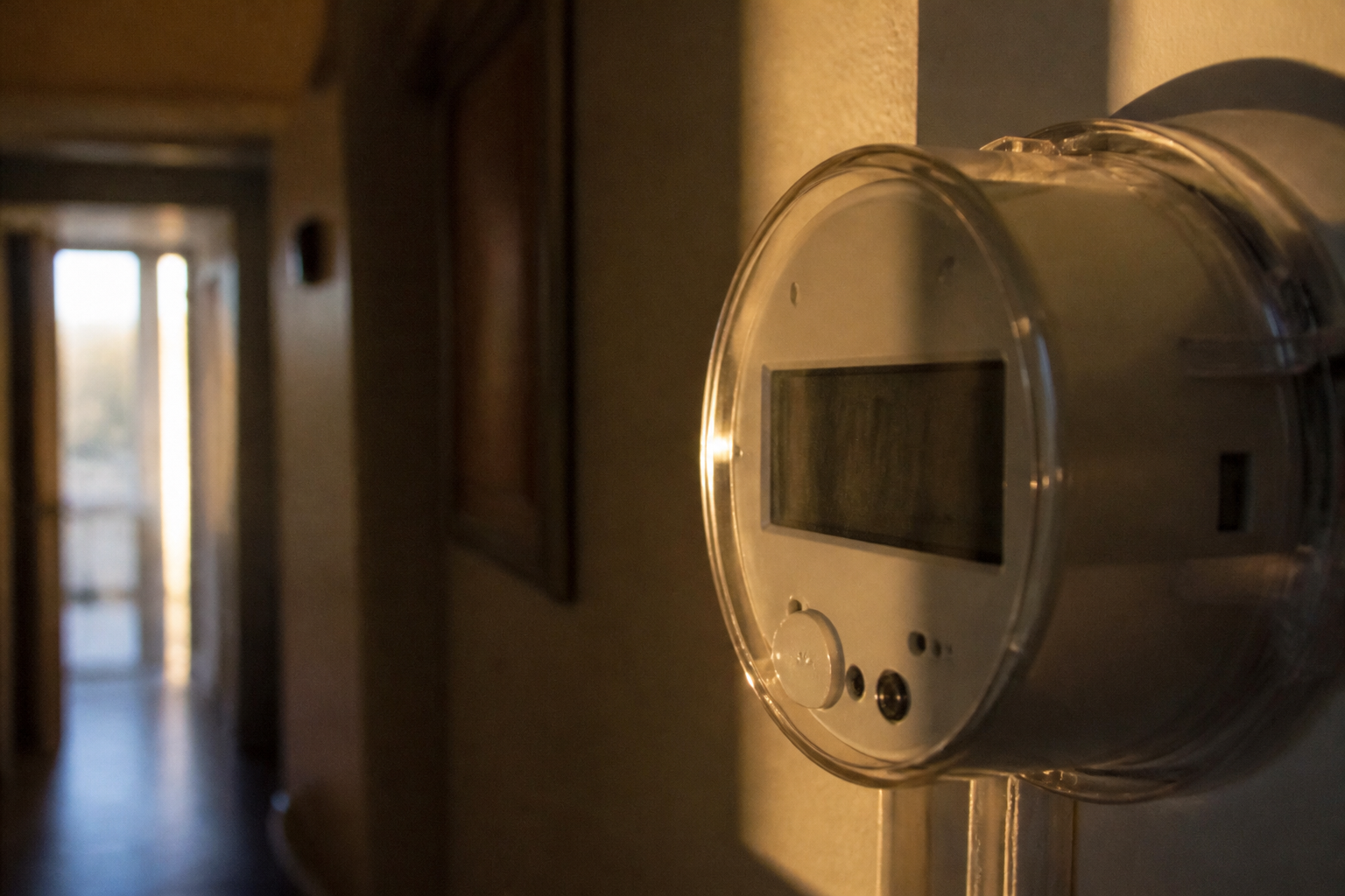 A smart meter display showing energy usage metrics in a residential setting.