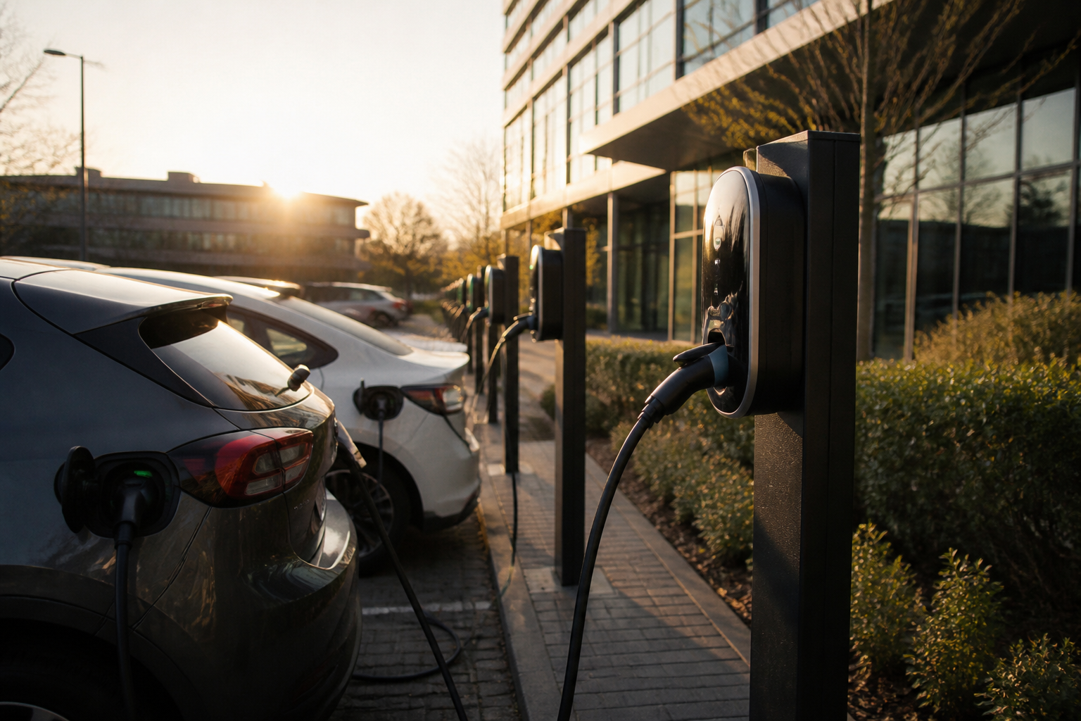 Electric vehicle charging stations installed in a professional parking facility.
