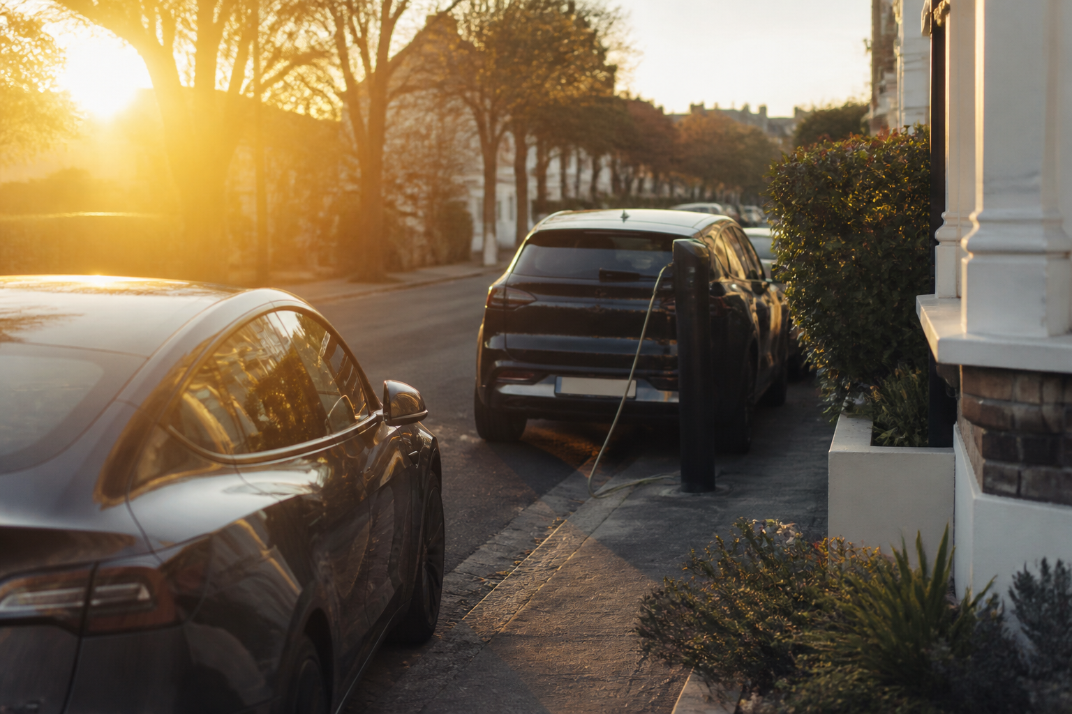 Electric vehicles parked on a residential street.