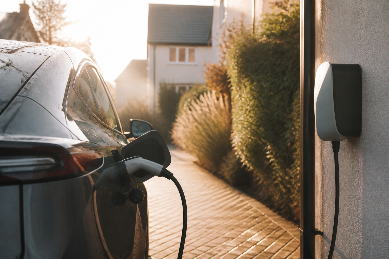 An electric car charging at home via a wallbox unit.