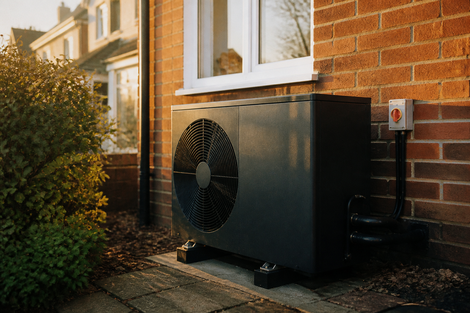A modern air source heat pump unit installed on a residential brick wall in the UK.