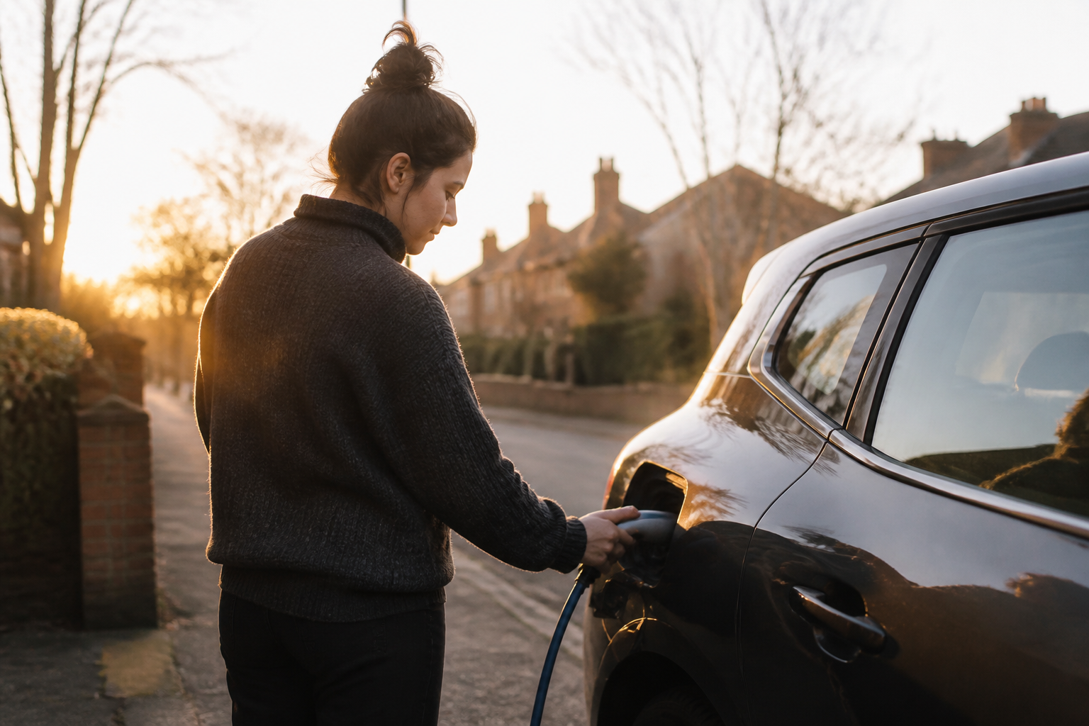 An electric car connected to a home charging unit.