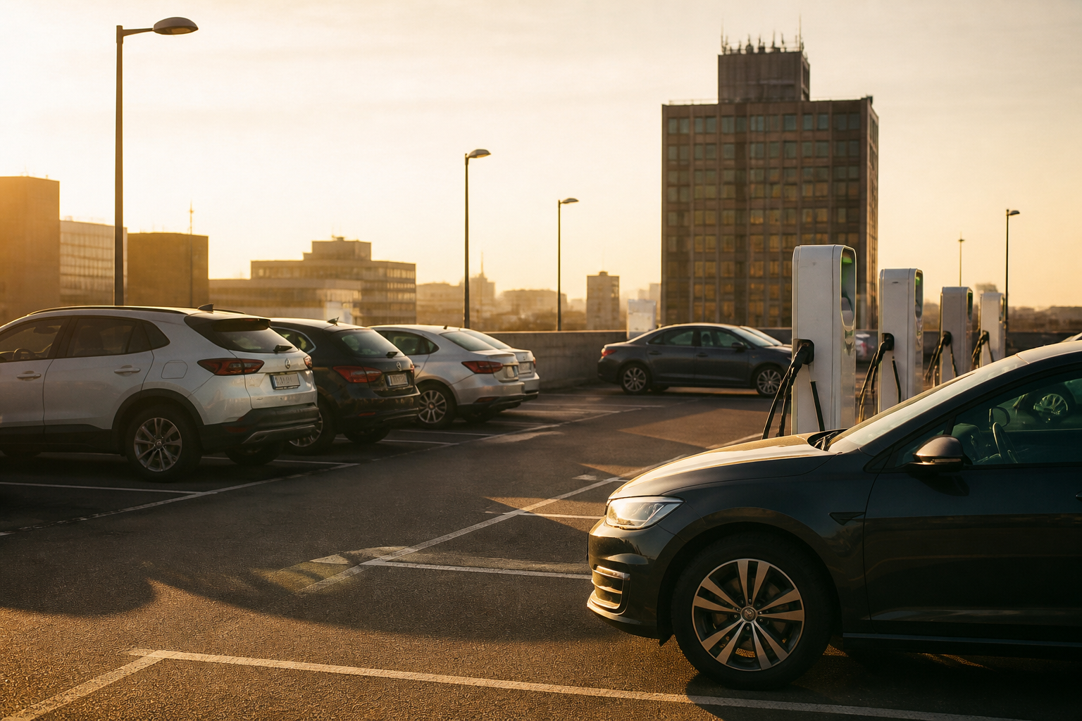 A row of electric vehicles charging in an office car park.