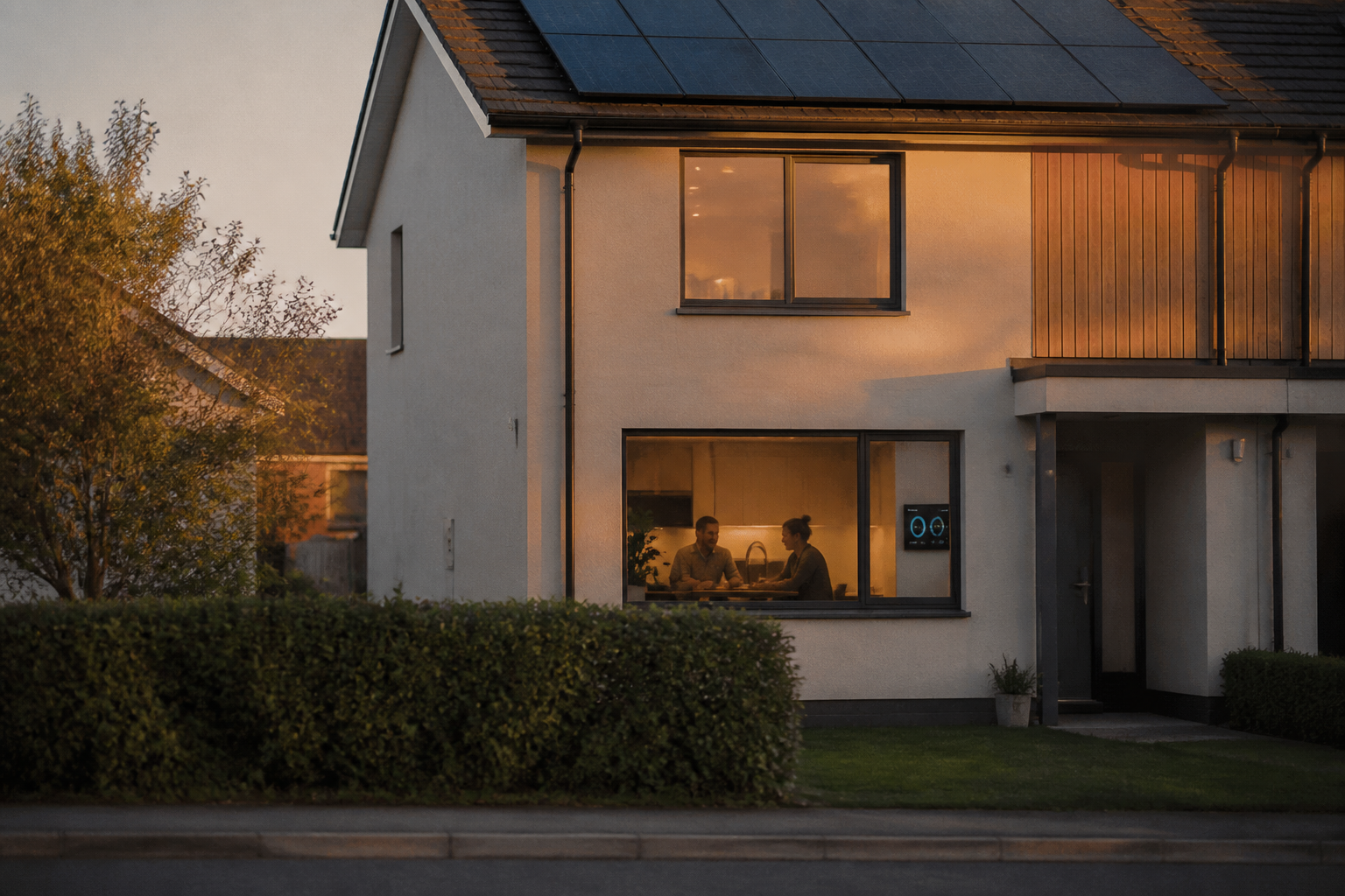 A residential home with rooftop solar panels installed in a typical UK suburban street.