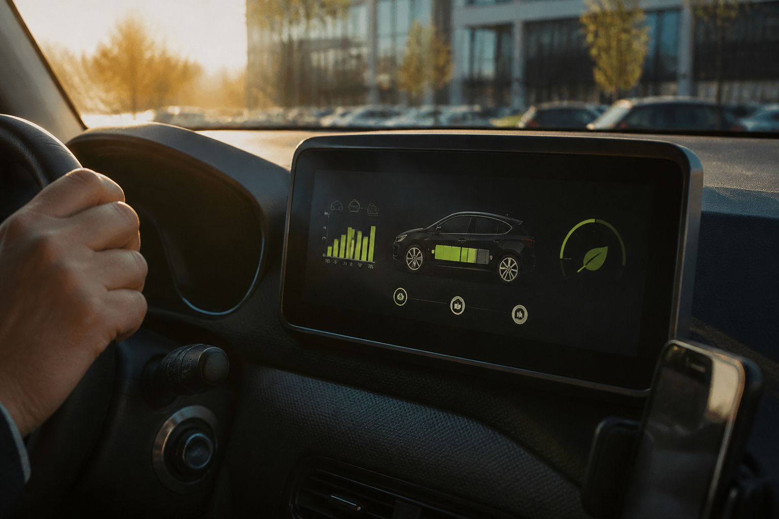 A vehicle dashboard showing digital energy efficiency diagnostics.