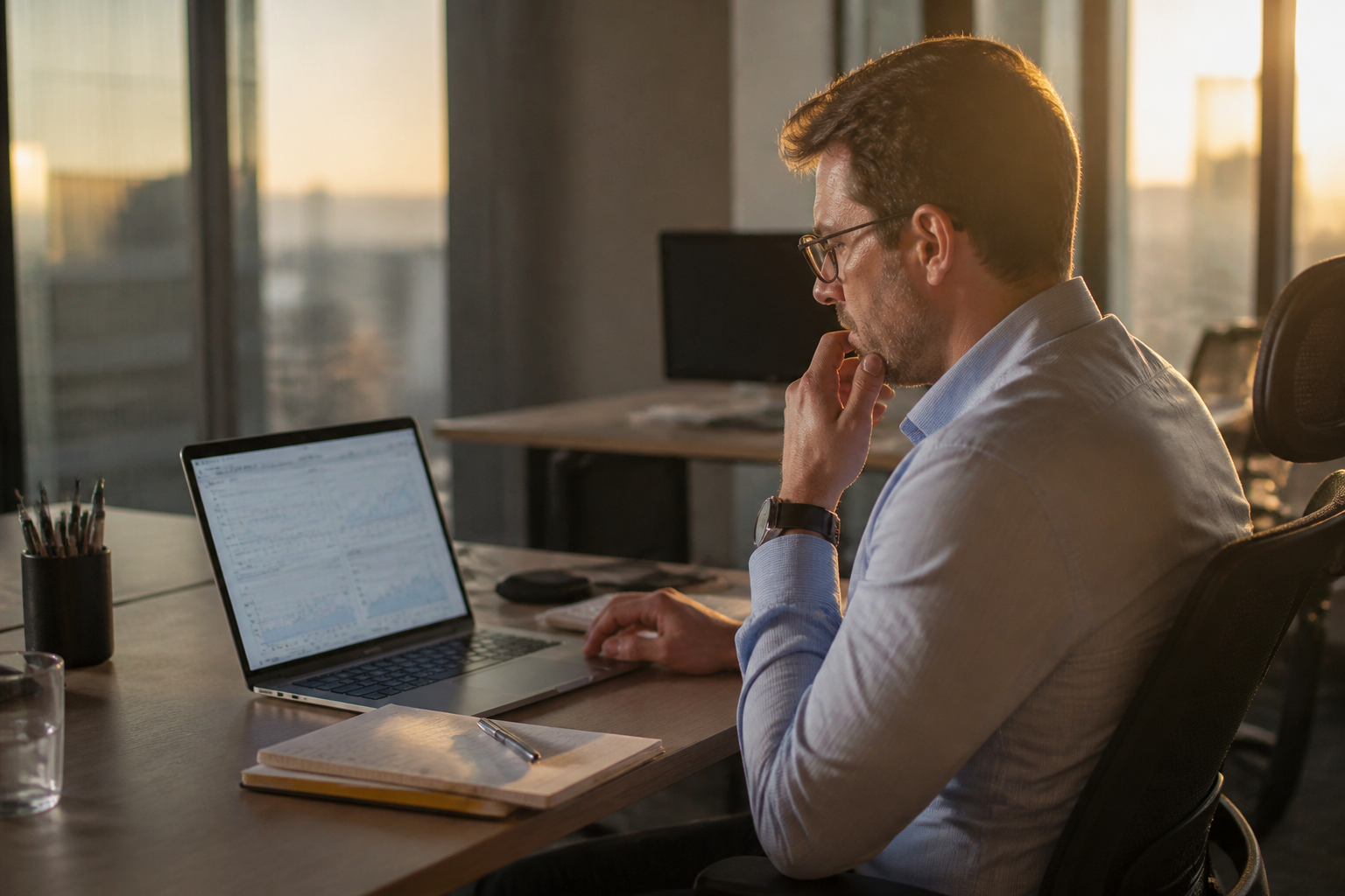 A financial analyst reviewing data on a laptop in a modern office.