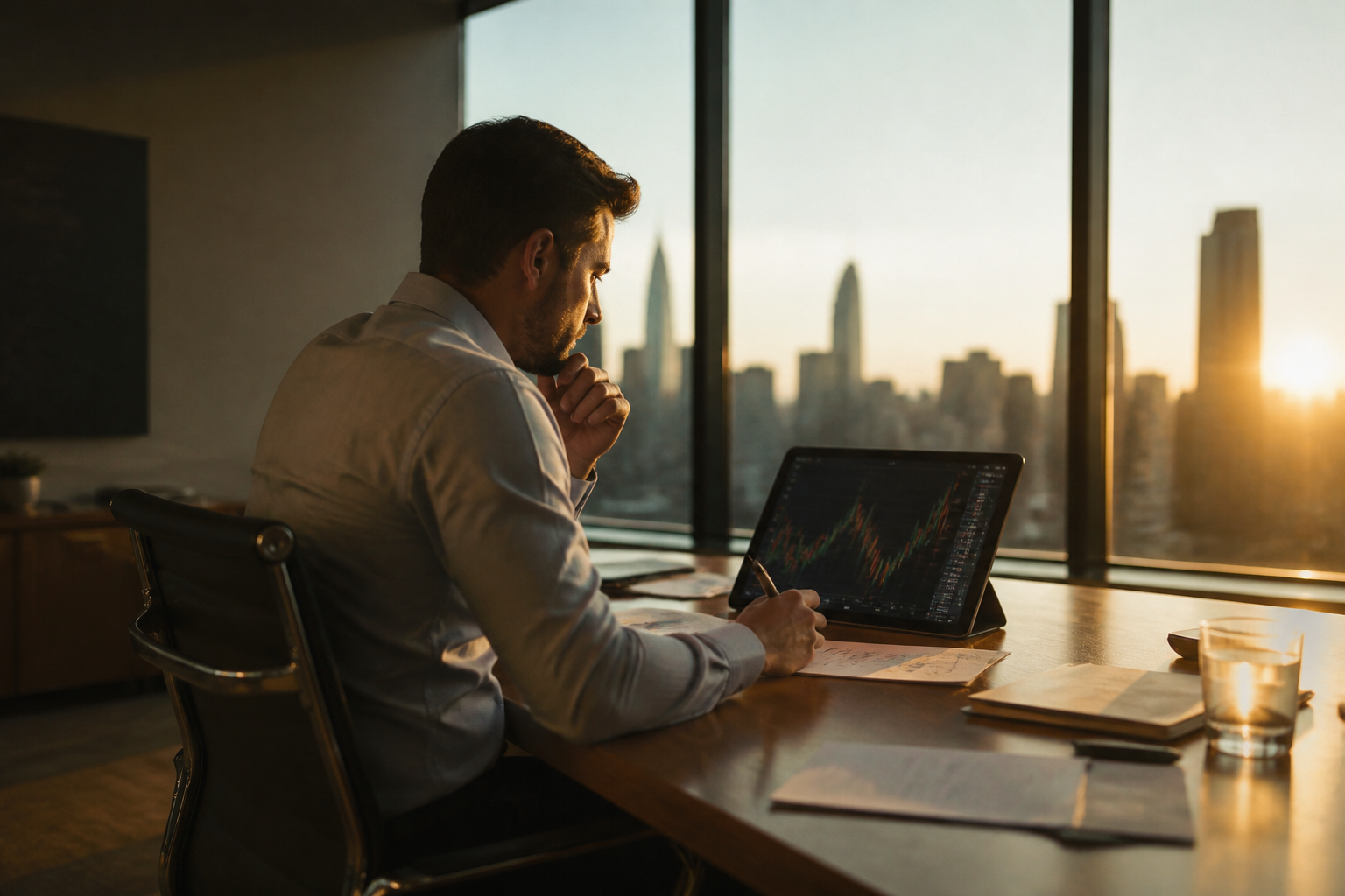 A finance professional working in a modern office space.
